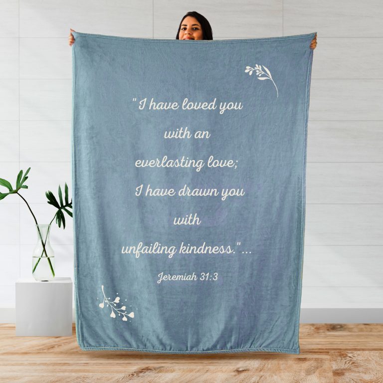 Lightweight Jeremiah 31:3 prayer blanket in Bluish Gray